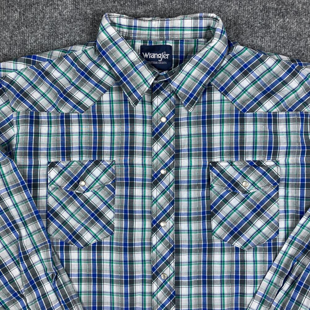 Wrangler Western Shirt Mens 3XL Tall Blue Green‎ Plaid Pearl Snap Cowboy